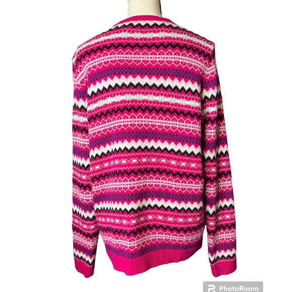 Talbots Fair Isle Cardigan Sweater Size L Pink Multicolor Nylon Lambswool Blend - Picture 3 of 5
